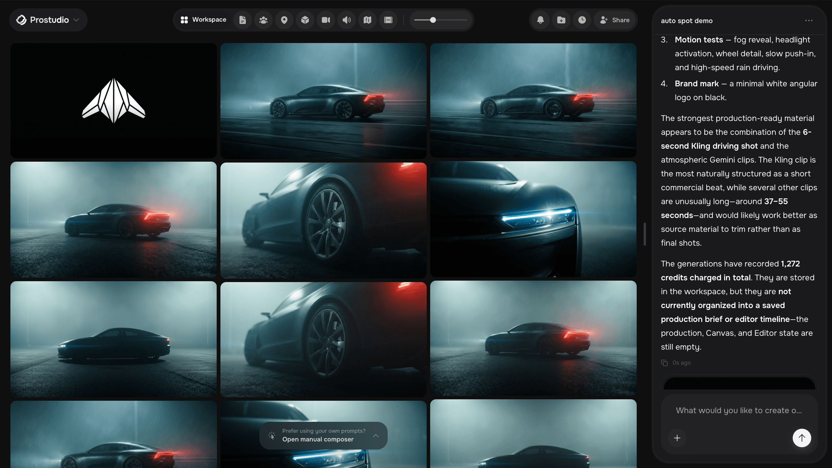 ProStudio workspace showing an AI-directed automotive campaign