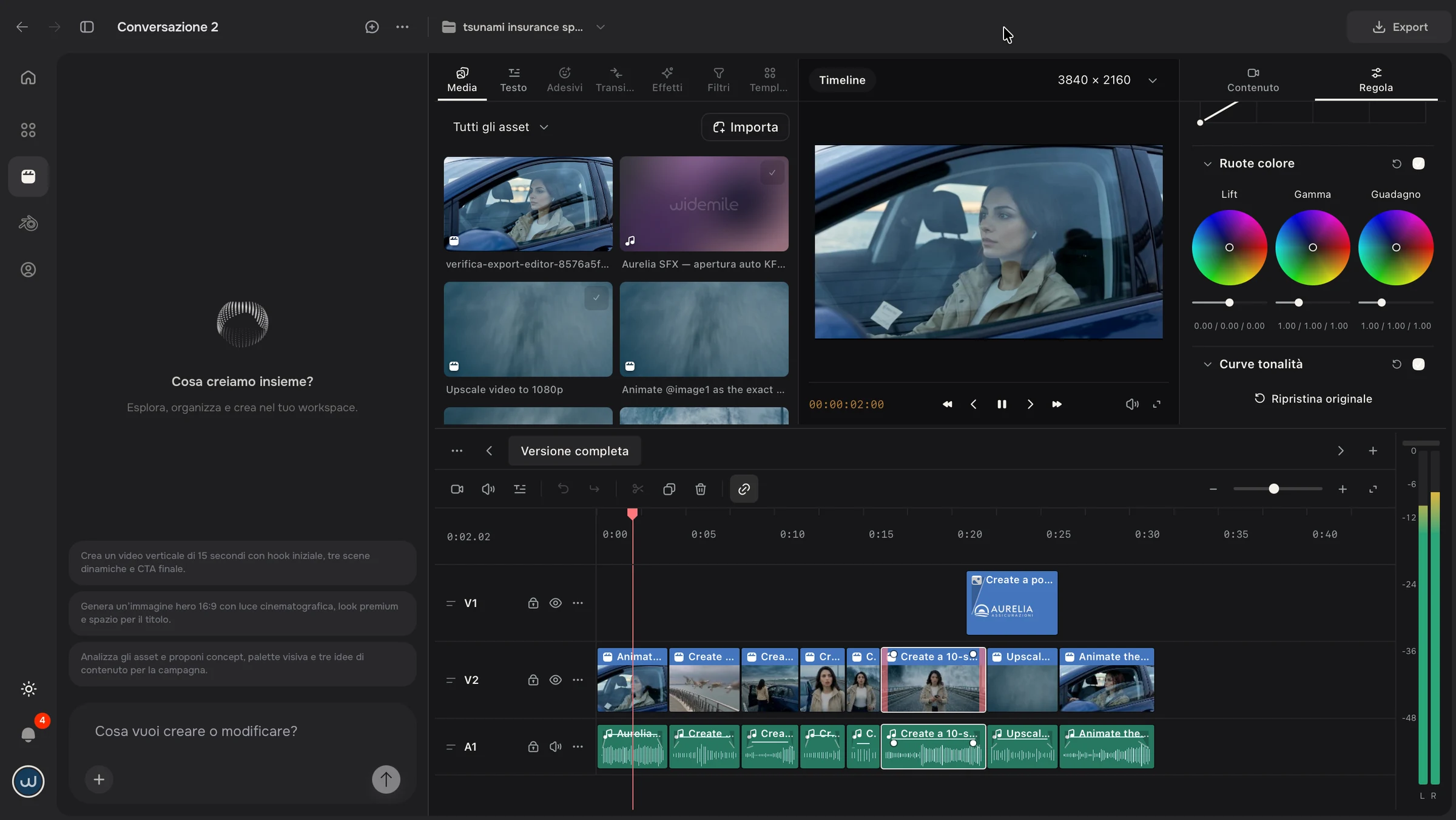 Widemile Studio’s built-in editor with the asset library, video preview, color wheels and multitrack timeline of the Tsunami project.