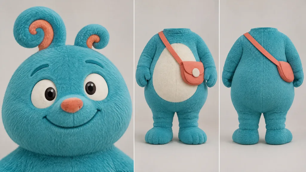 Front-facing close-up of a blue plush mascot with curled ears and an orange nose.