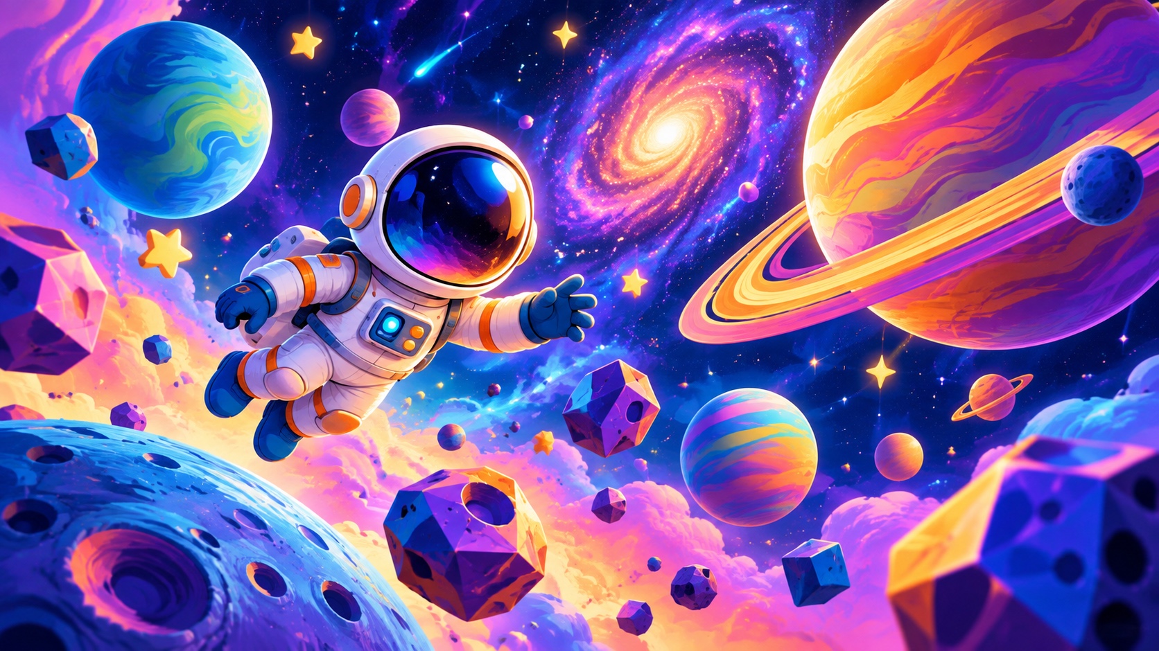 Illustration of an astronaut among colorful planets, as an example of an image to crop and upscale.