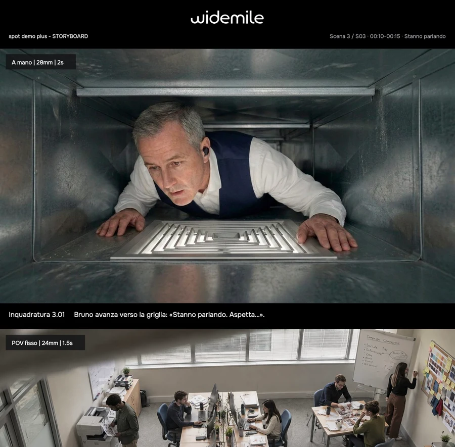 The exported storyboard PDF with full-width images, camera directions and shot captions.