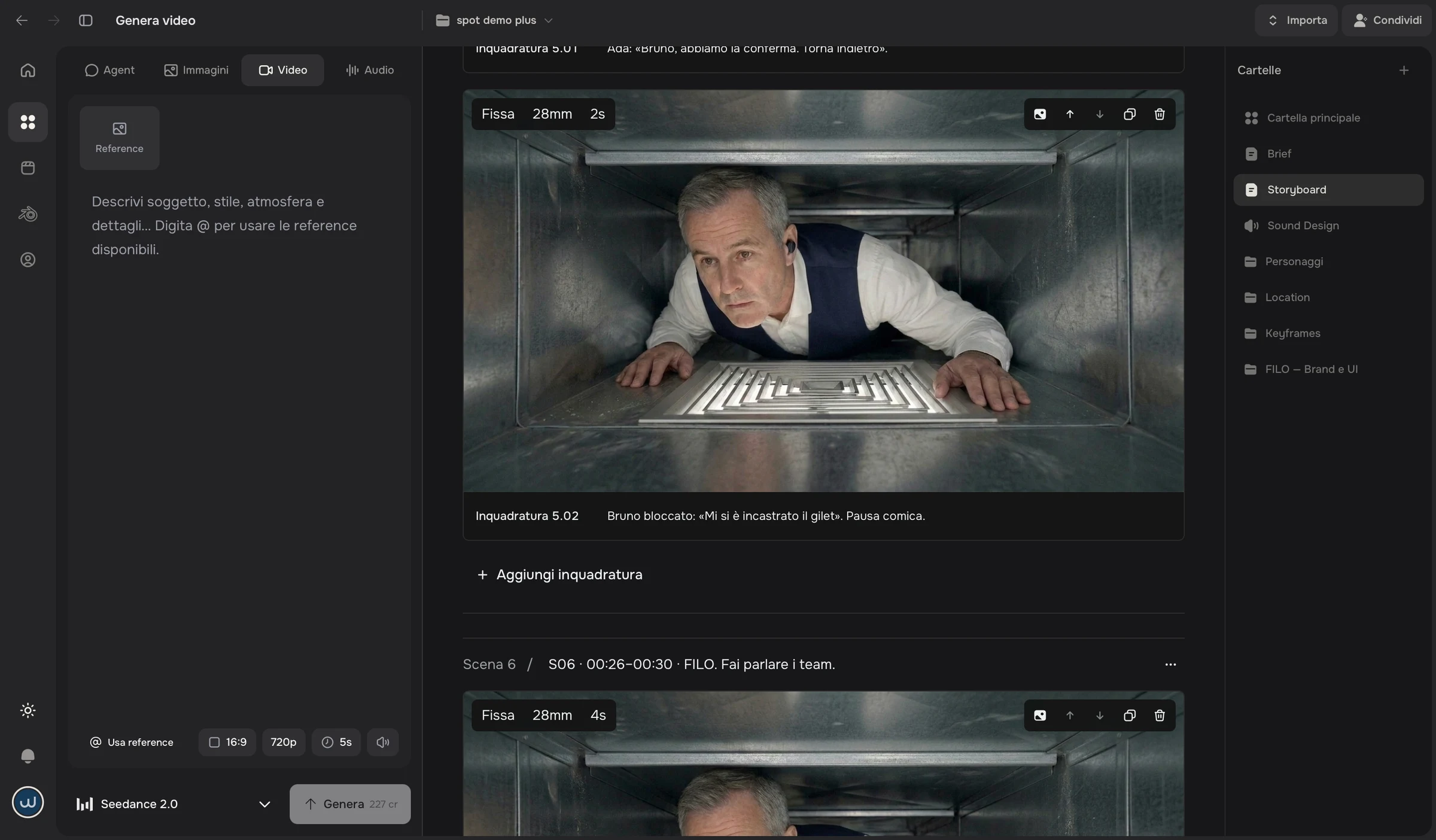 Widemile Studio’s storyboard with scenes, shots, reference images, camera directions and captions for the spot demo plus project.